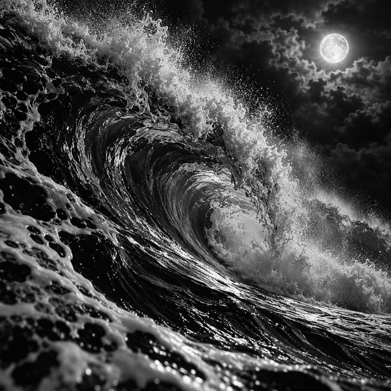 Black and white wave under moonlight