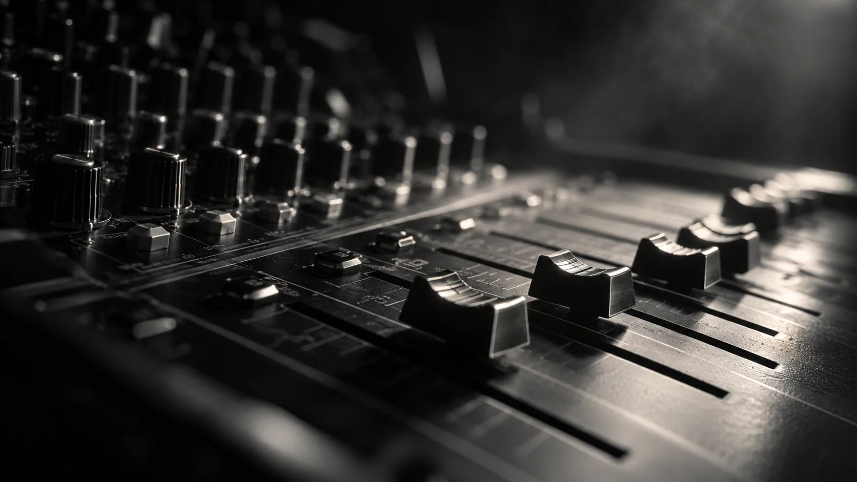 Close-up of a recording studio mixing console